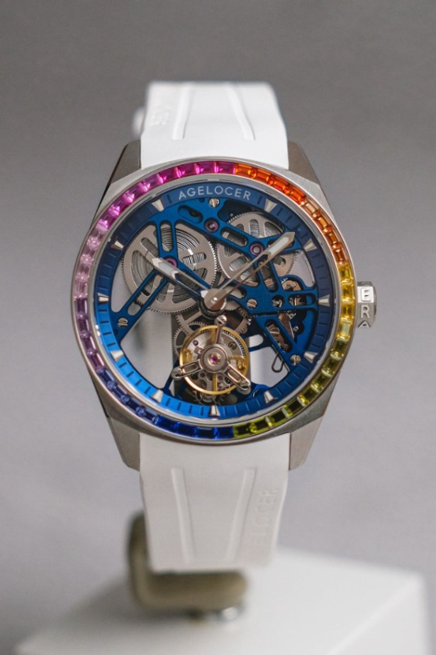 Agelocer Flying Tourbillon Fluoro Rubber Men’s Hollow Mechanical Watch – Rainbow Bezel